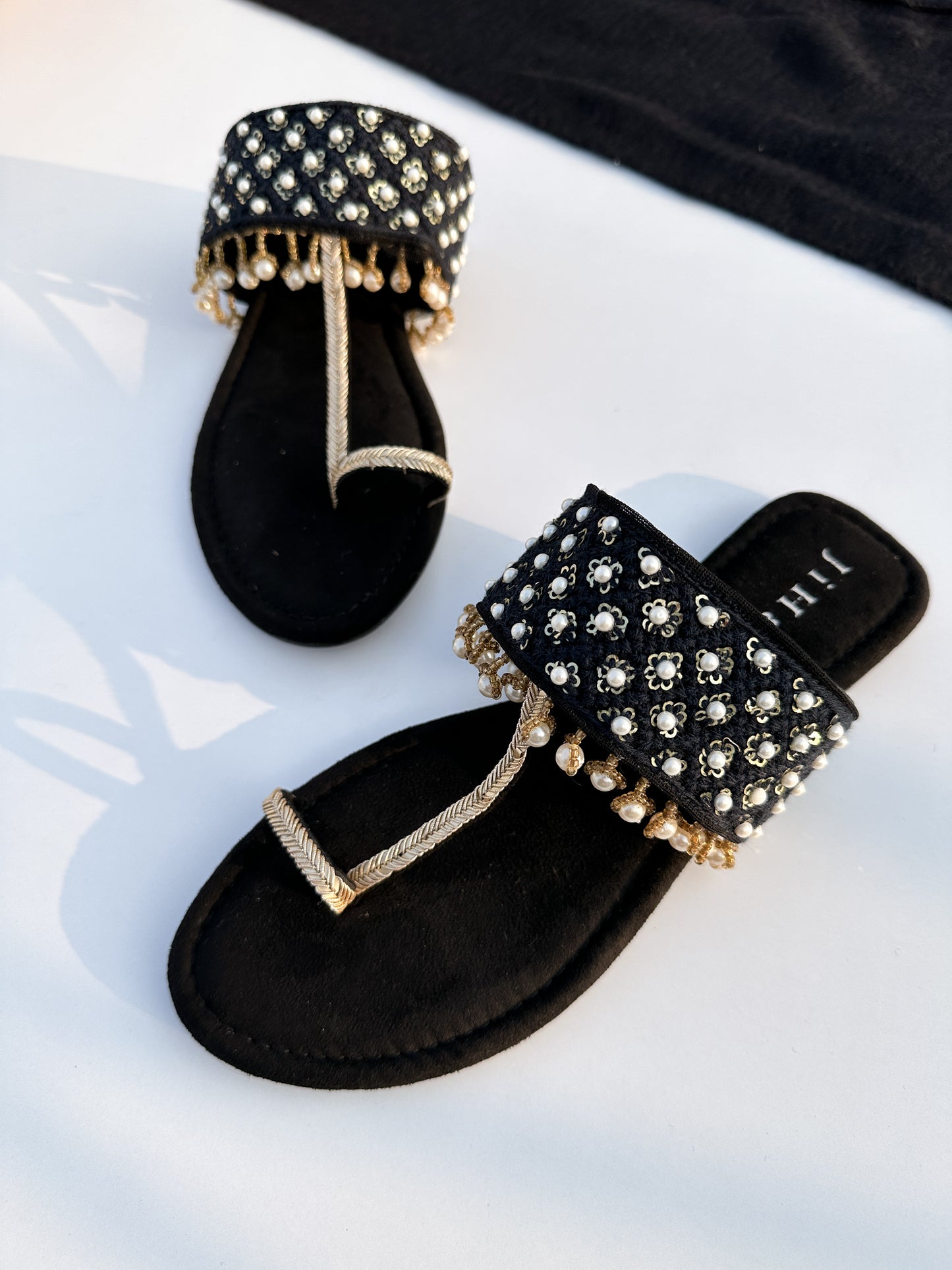 Black Pearl Embroidered Kolhapuri Flats