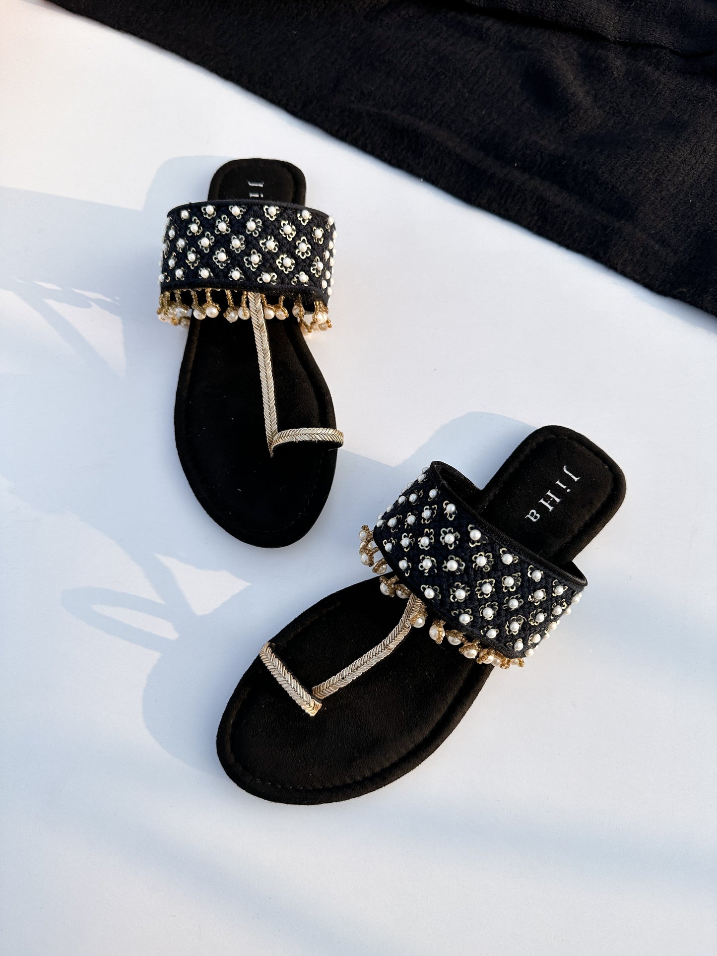 Black Pearl Embroidered Kolhapuri Flats