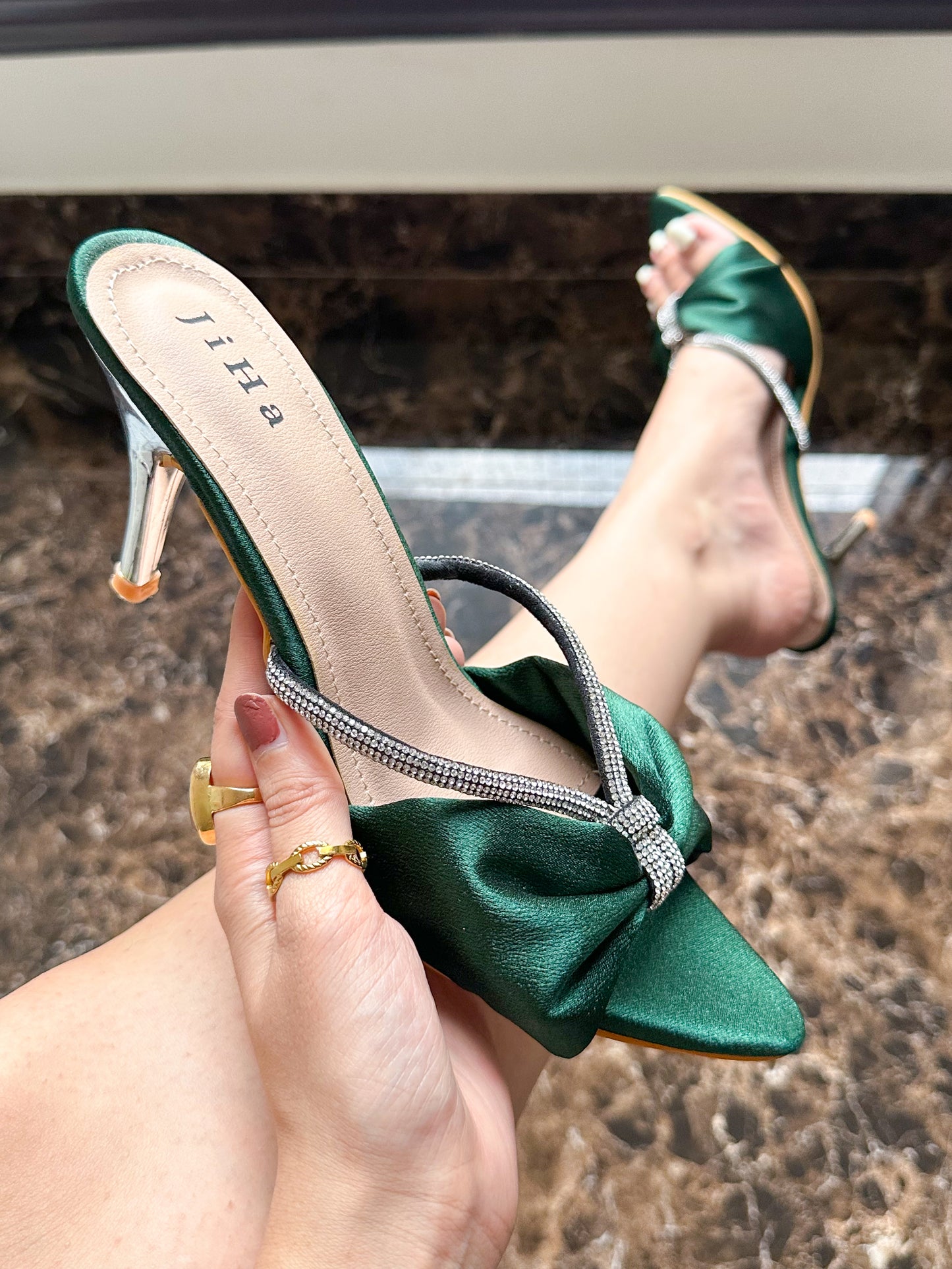 Emerald Green Satin Cindy Rhinestone Heels