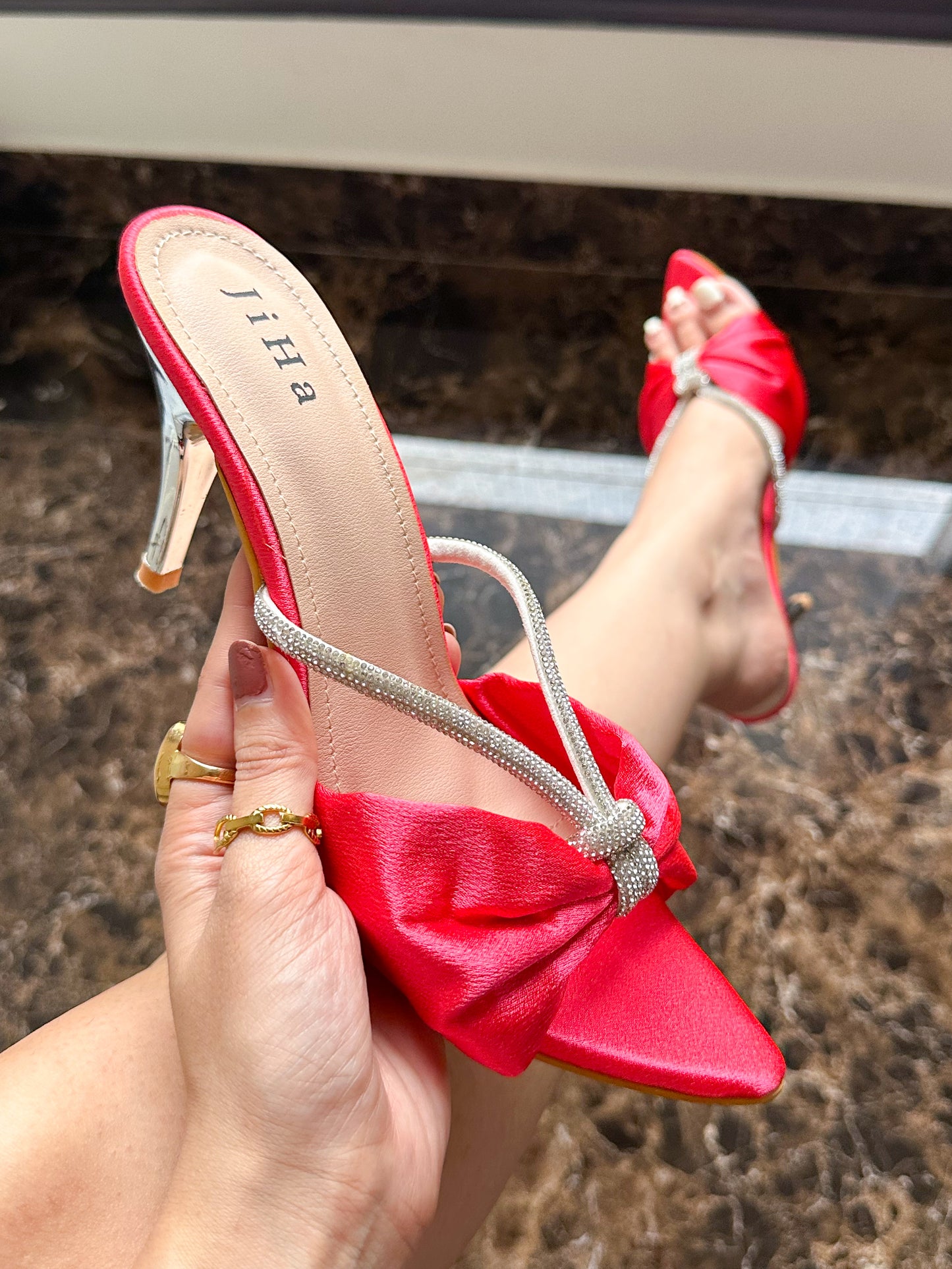 Pink Satin Cindy Rhinestone Heels