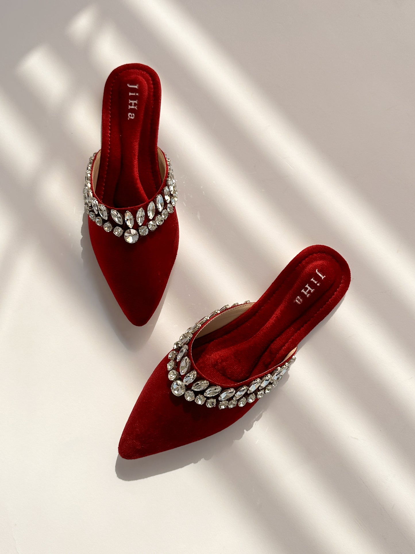 Red Velvet Stone Work Pointed Toe Flat