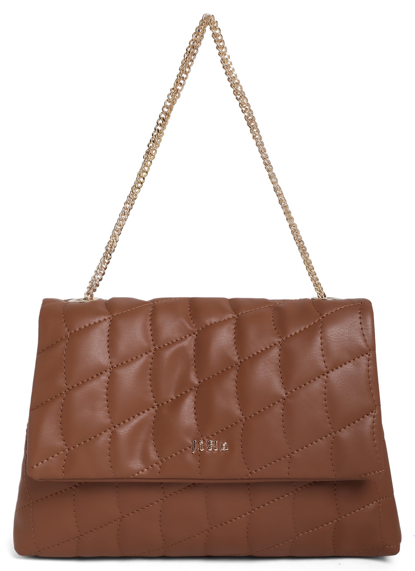 Tan Brown Quilted Double Chain Shoulder and Sling Bag