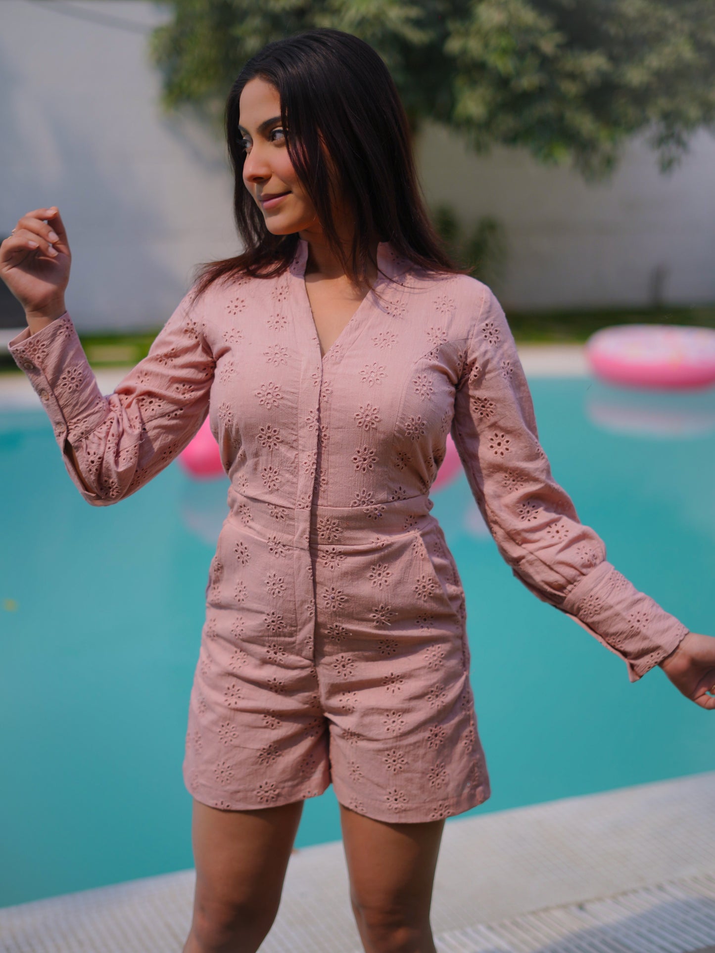 Mauve Pink Schiffli Romper