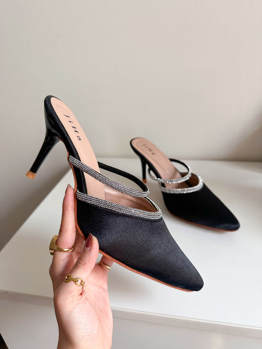 Black Satin Rhinestone Pump Heels