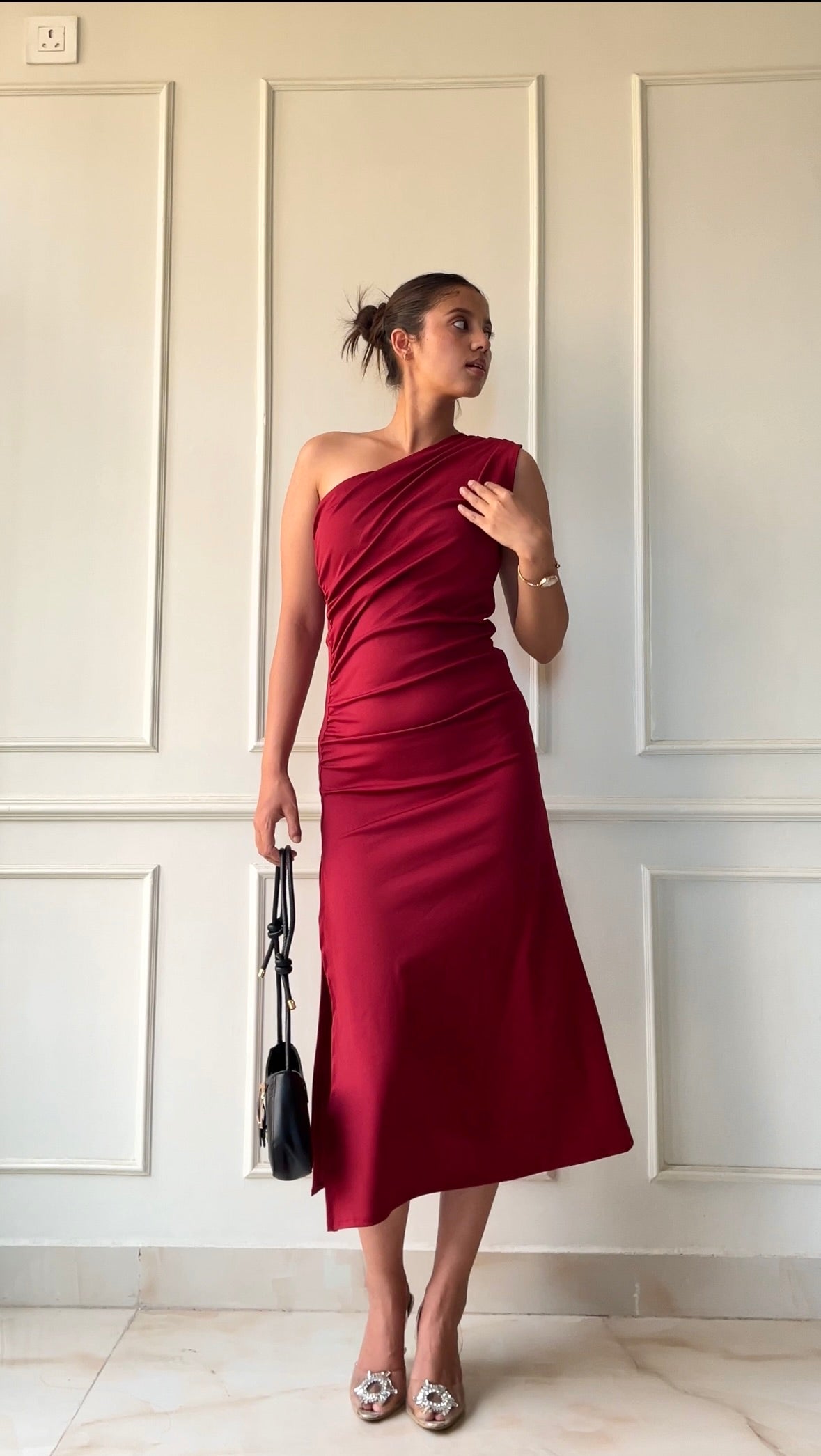 Red One Shoulder Slit Dress