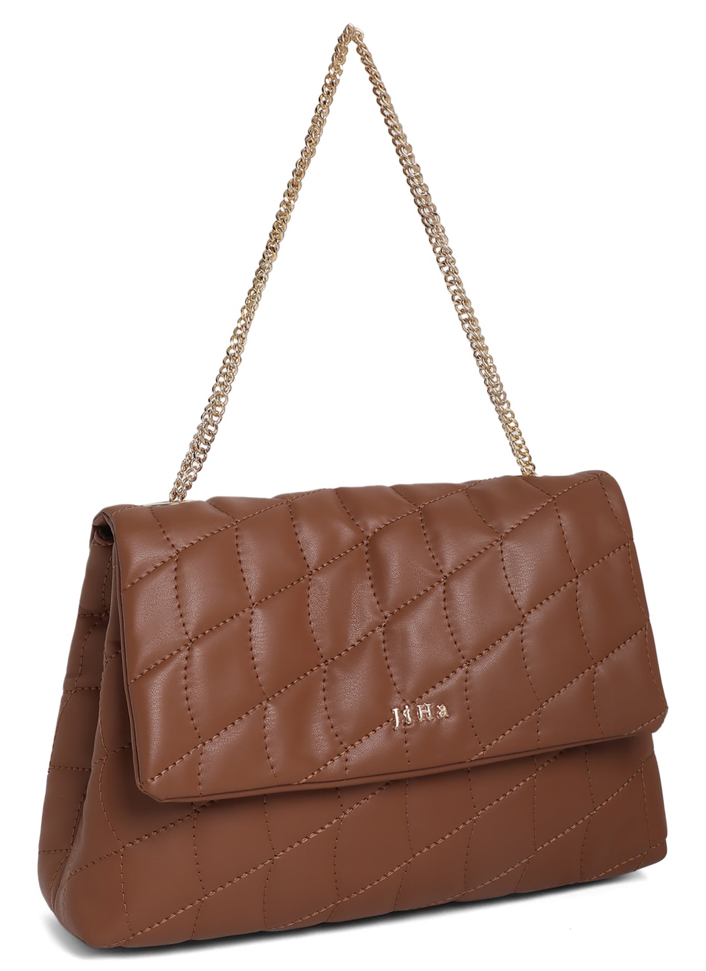 Tan Brown Quilted Double Chain Shoulder and Sling Bag