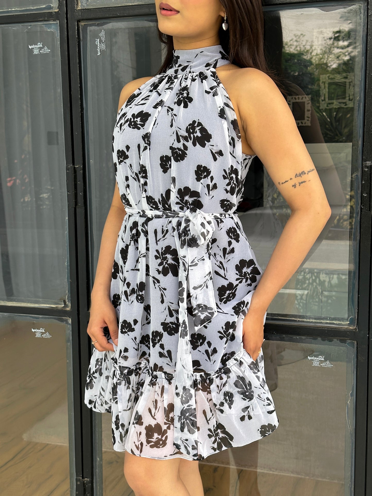 Black Flower Halter Neck Floral Printed Dress