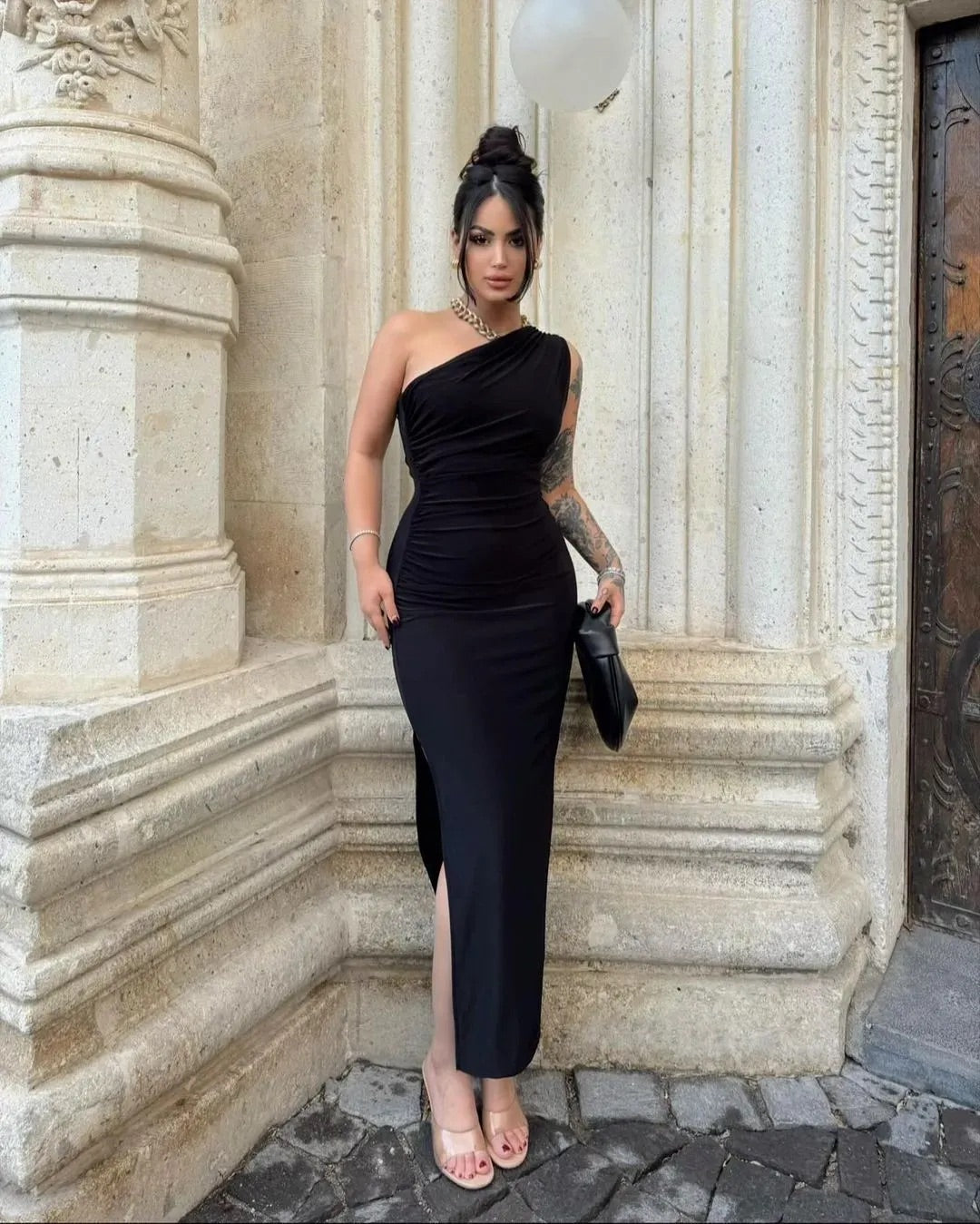 Black One Shoulder Slit Dress