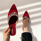 Red Velvet Stone Work Pointed Toe Flat