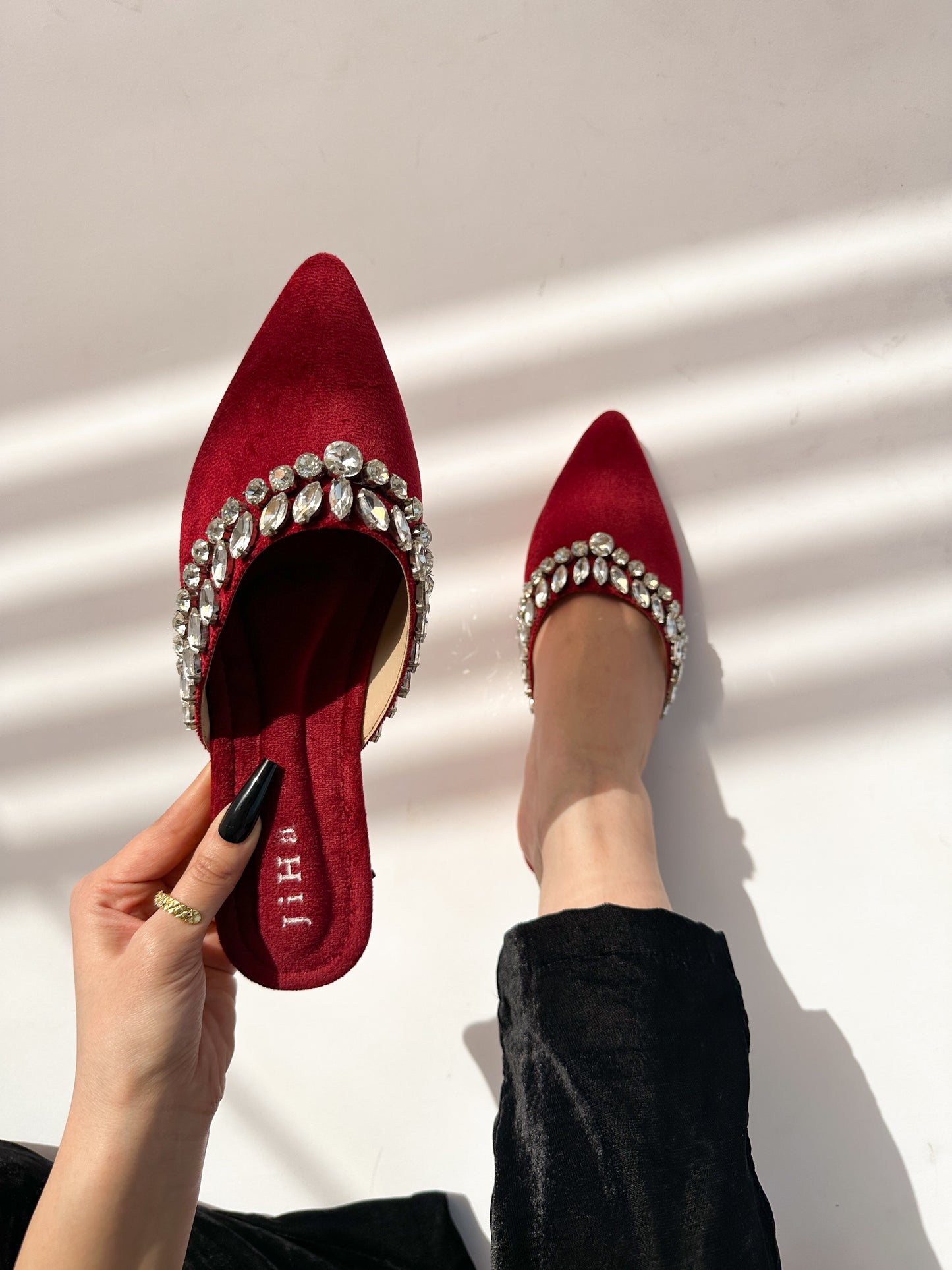 Red Velvet Stone Work Pointed Toe Flat