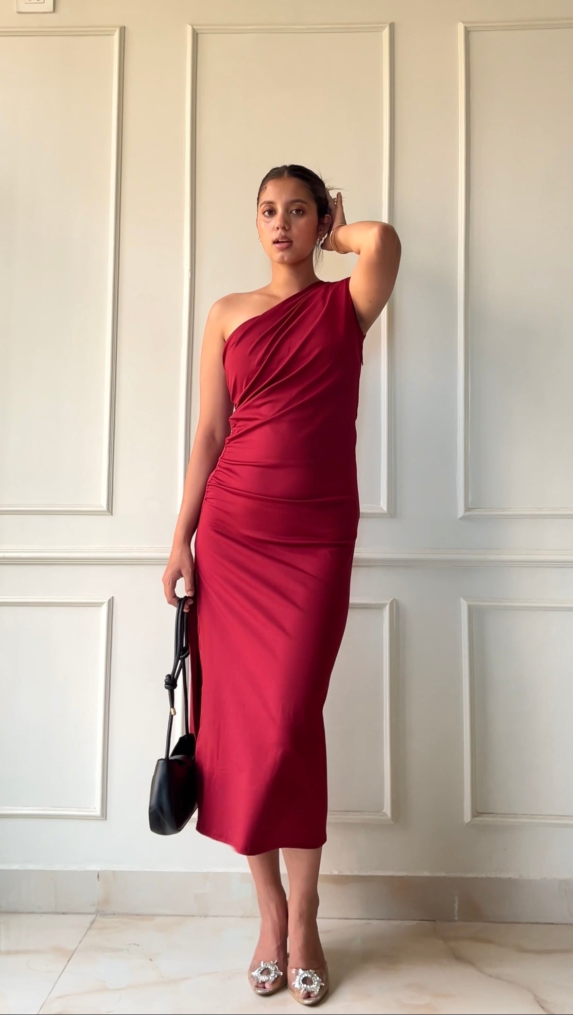 Red One Shoulder Slit Dress