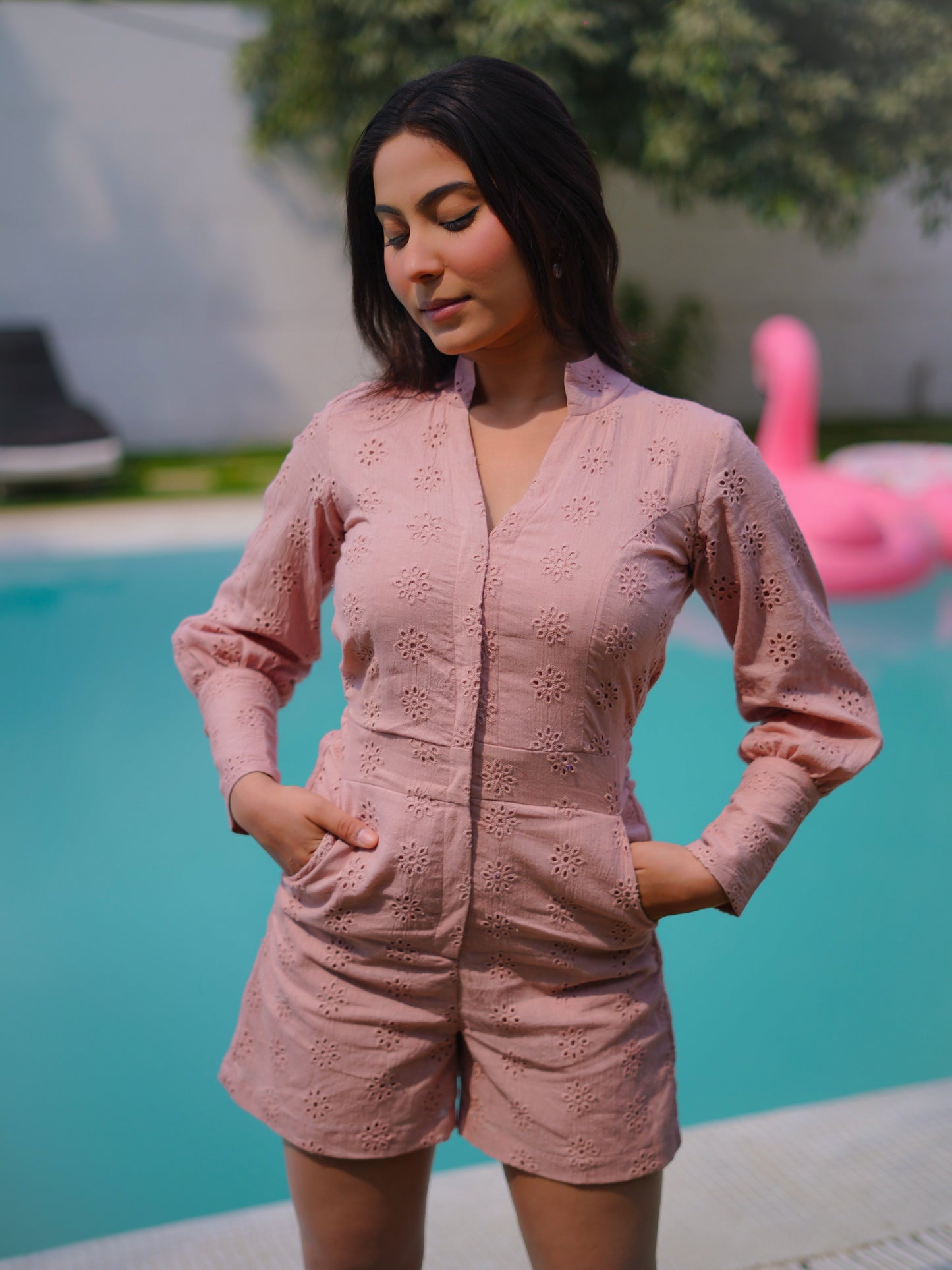 Mauve Pink Schiffli Romper