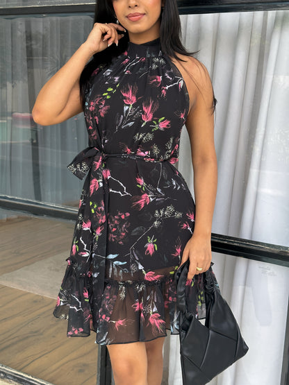 Black Halter Neck Floral Printed Dress