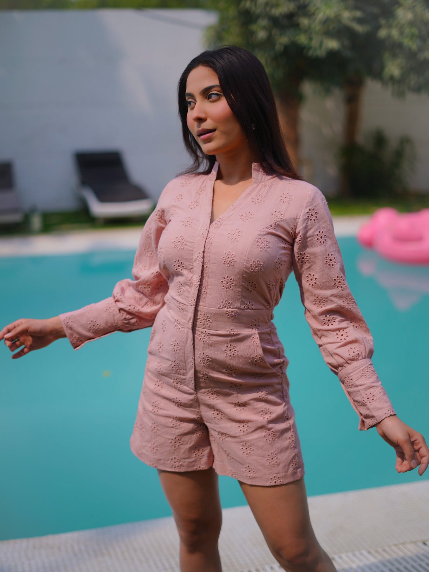 Mauve Pink Schiffli Romper