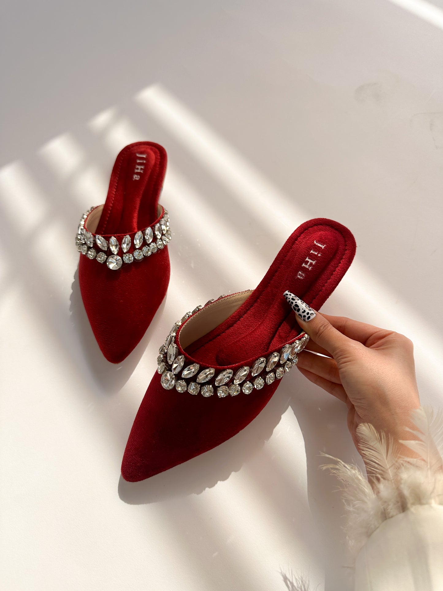 Red Velvet Stone Work Pointed Toe Flat