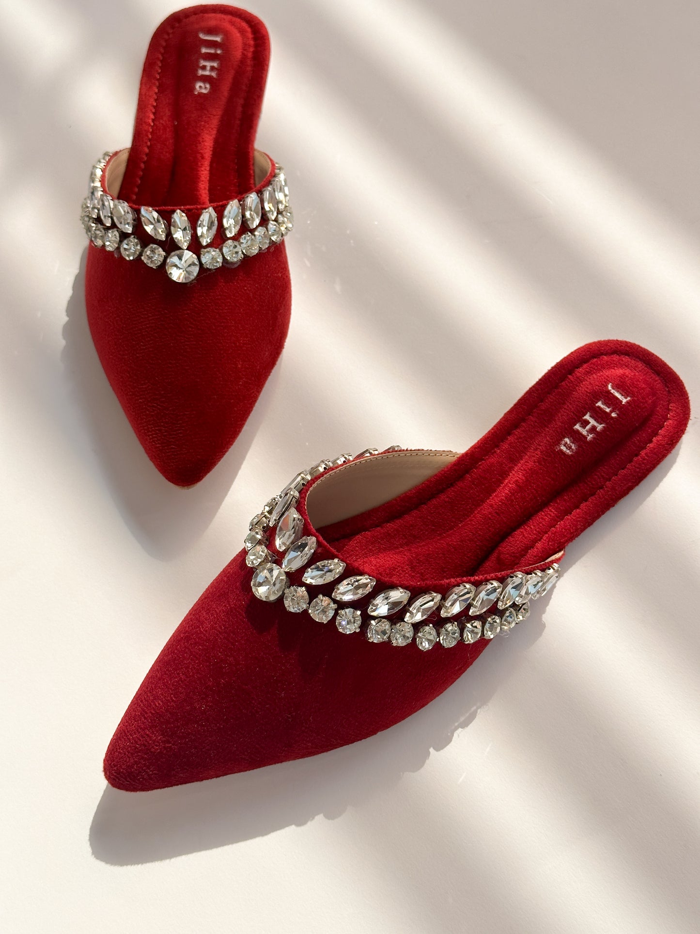 Red Velvet Stone Work Pointed Toe Flat