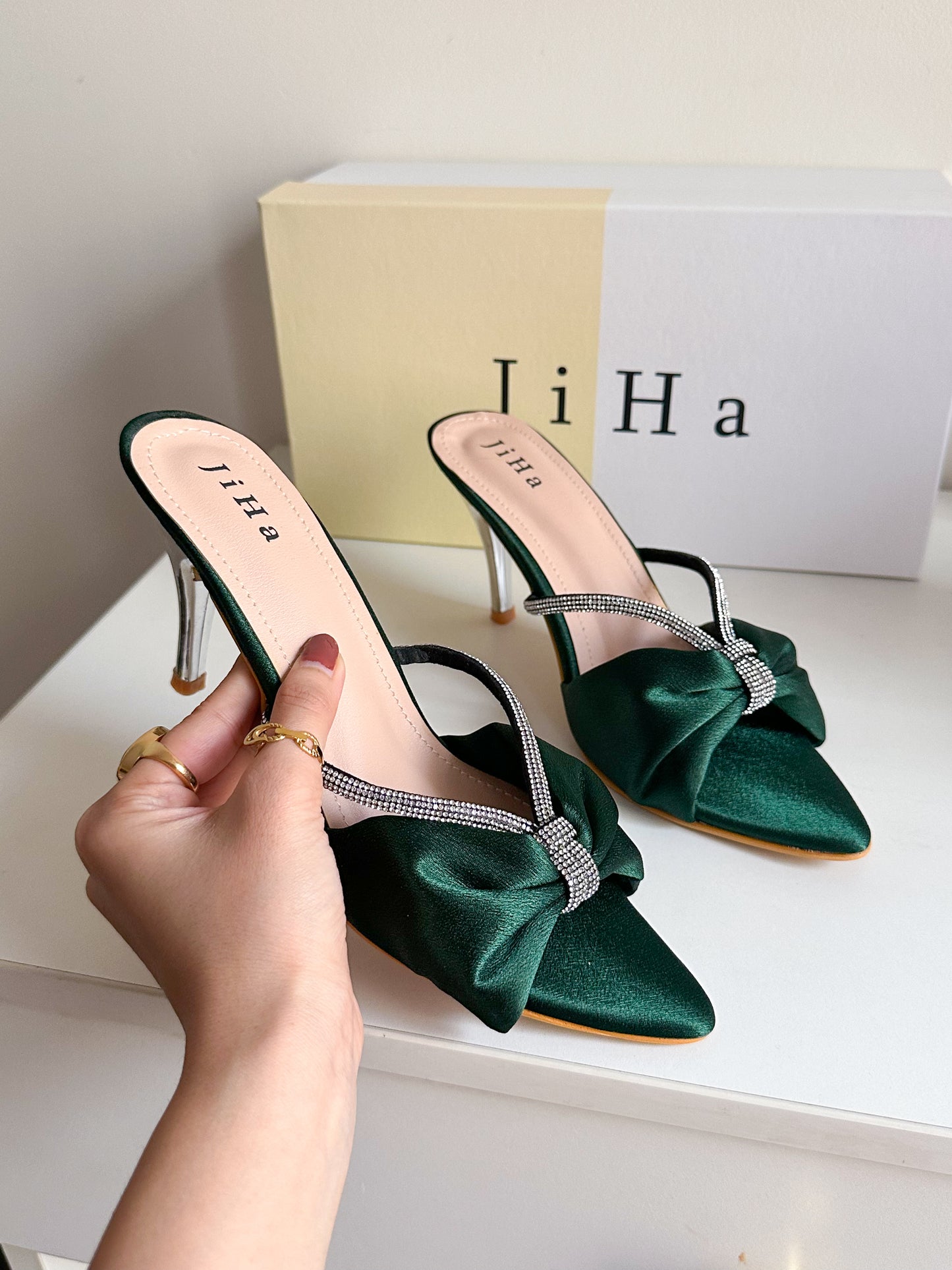 Emerald Green Satin Cindy Rhinestone Heels