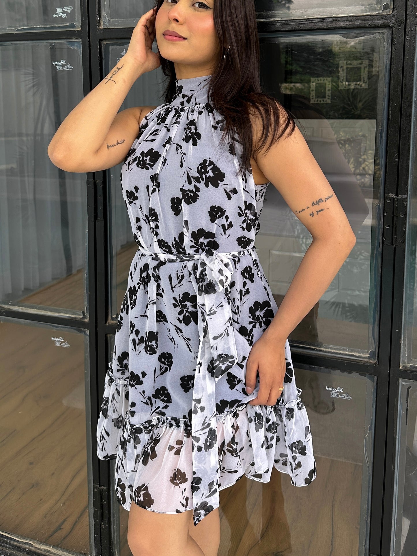 Black Flower Halter Neck Floral Printed Dress