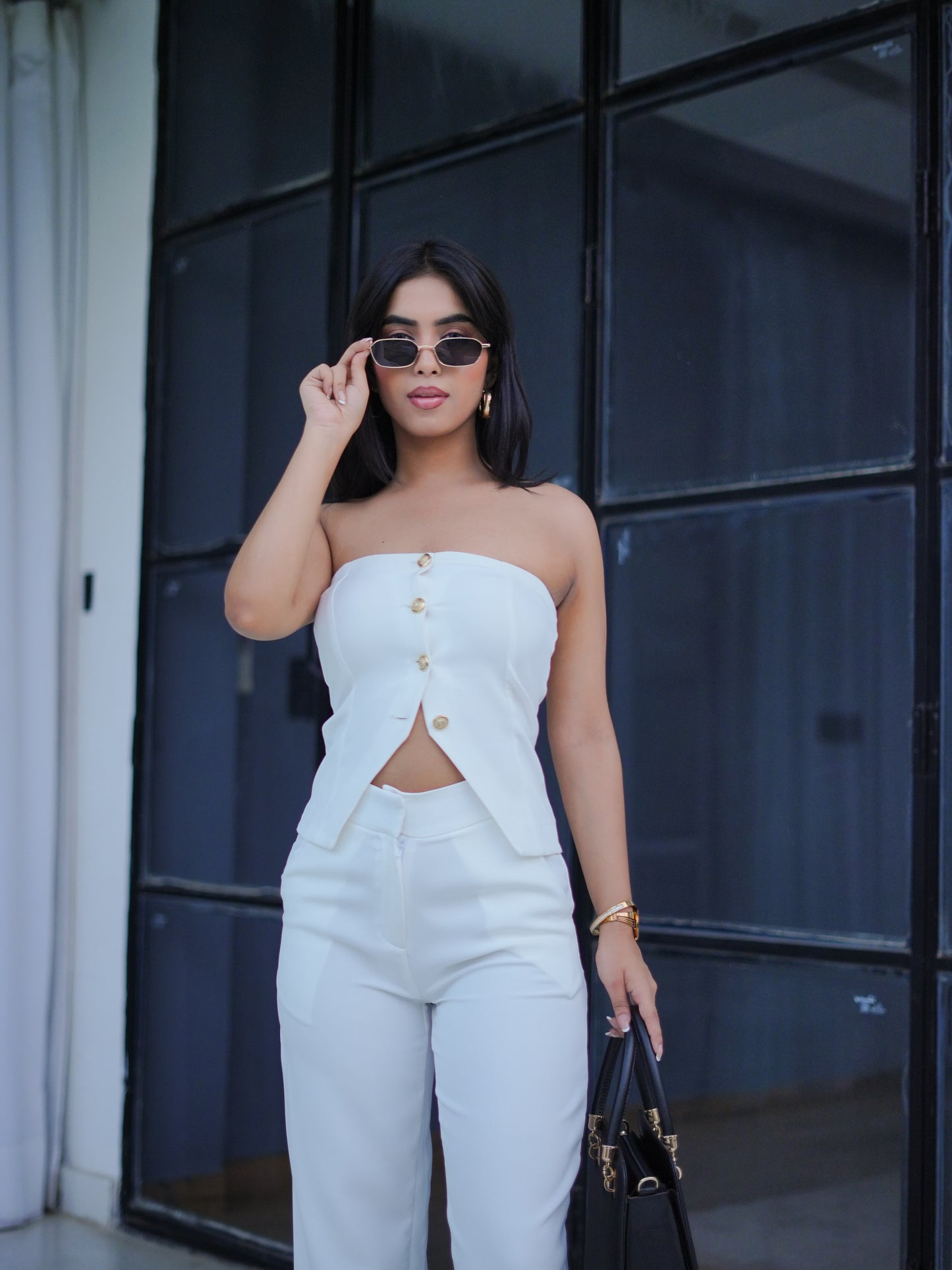 White Bustier Tube Top & Straight Leg Pants Coord Set