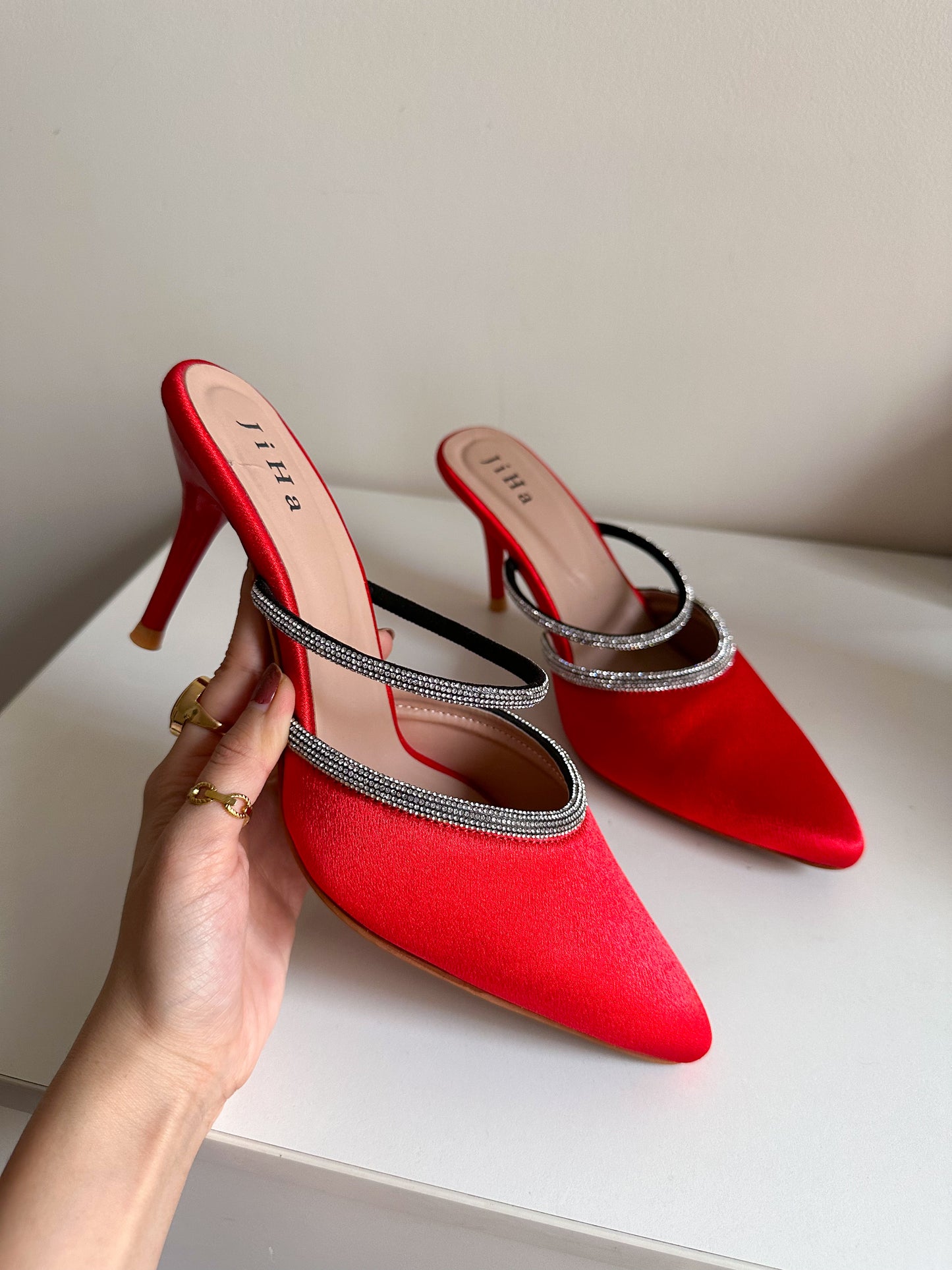 Red Satin Rhinestone Pump Heels