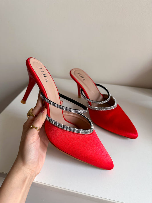 Red Satin Rhinestone Pump Heels