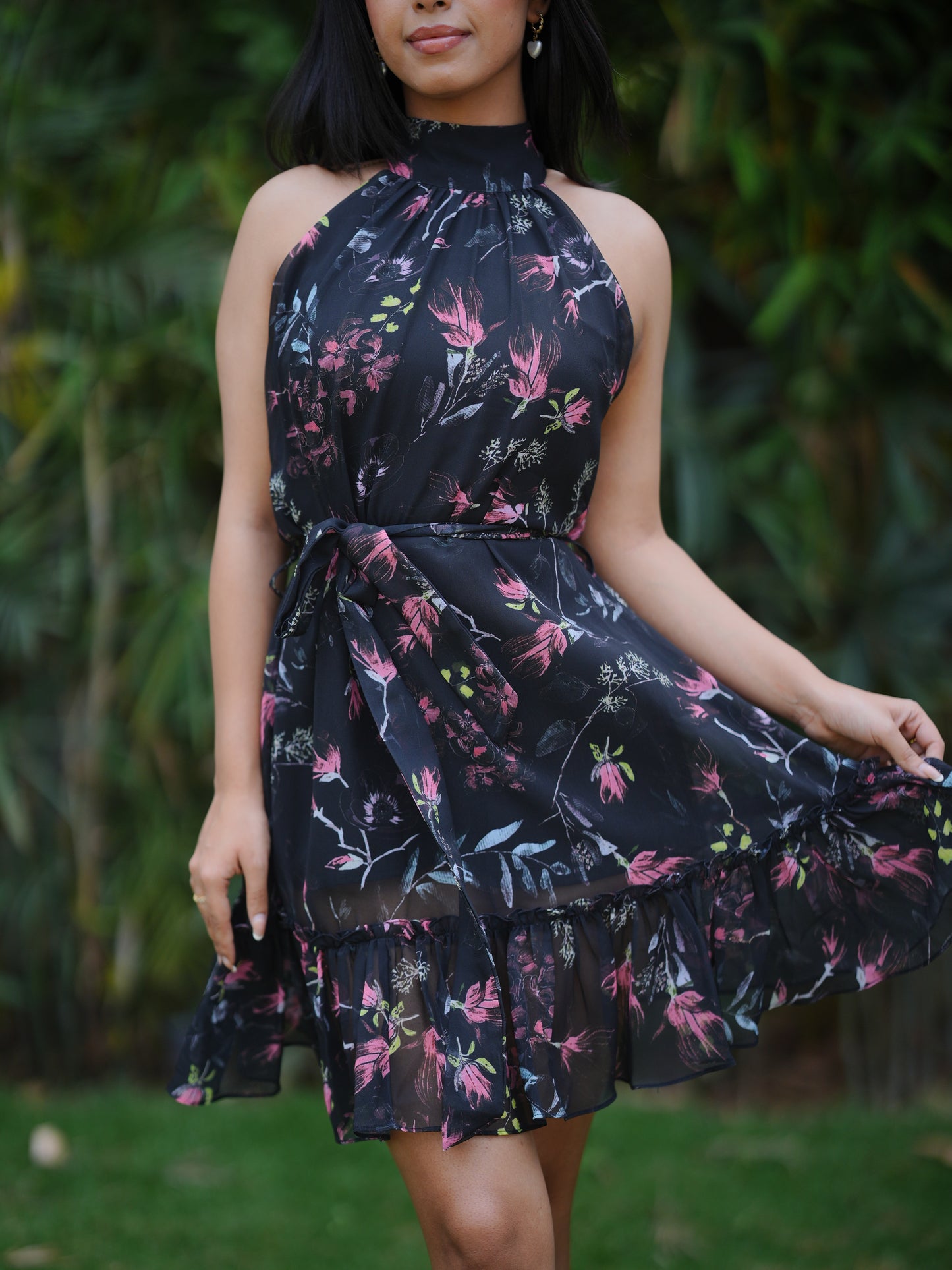 Black Halter Neck Floral Printed Dress