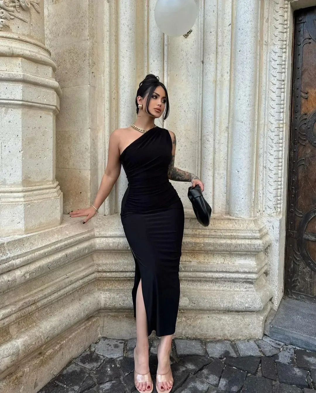 Black One Shoulder Slit Dress