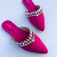 Hot Pink Velvet Stone Work Pointed Toe Flat