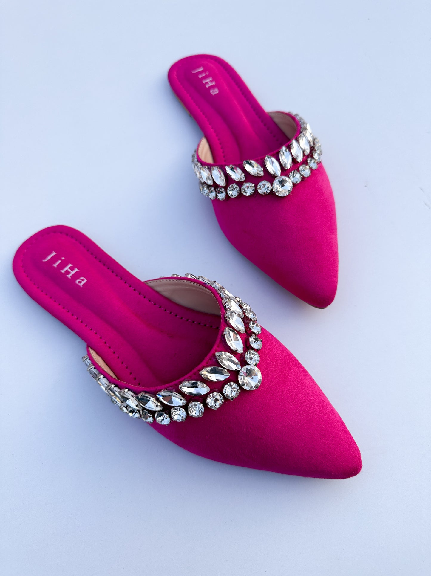 Hot Pink Velvet Stone Work Pointed Toe Flat