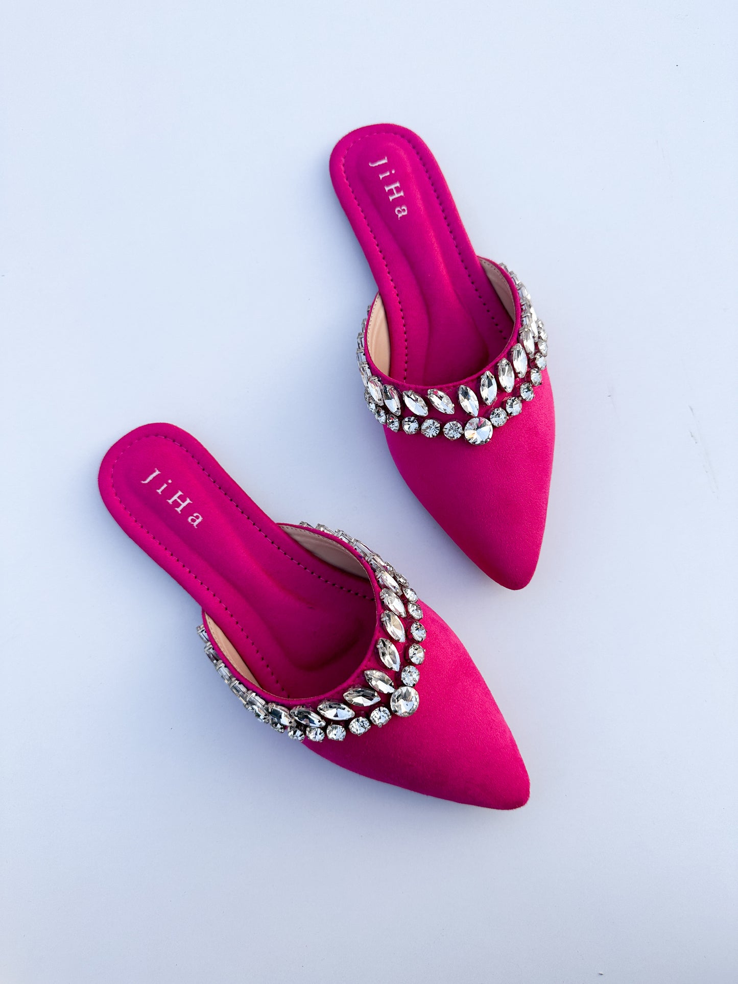 Hot Pink Velvet Stone Work Pointed Toe Flat