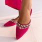 Hot Pink Velvet Stone Work Pointed Toe Flat