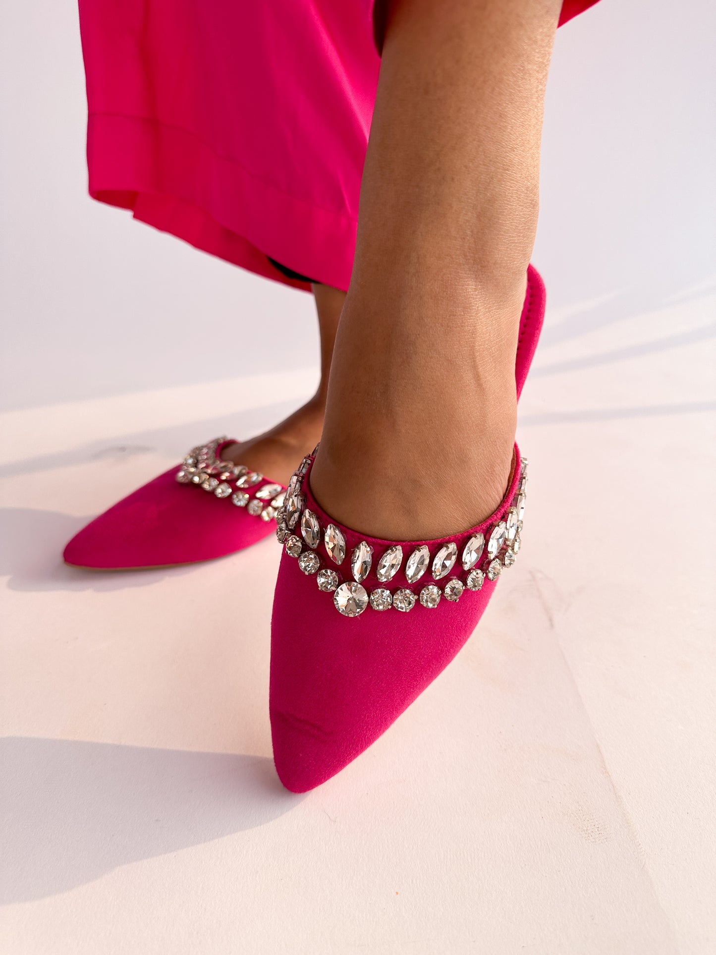 Hot Pink Velvet Stone Work Pointed Toe Flat