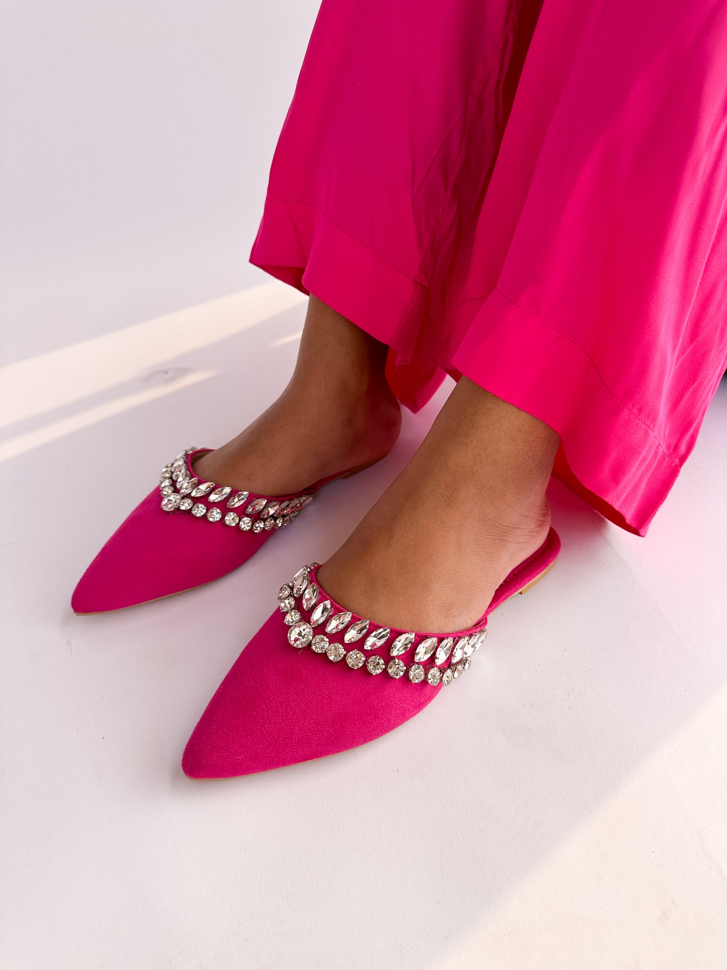 Hot Pink Velvet Stone Work Pointed Toe Flat