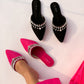 Hot Pink Velvet Stone Work Pointed Toe Flat