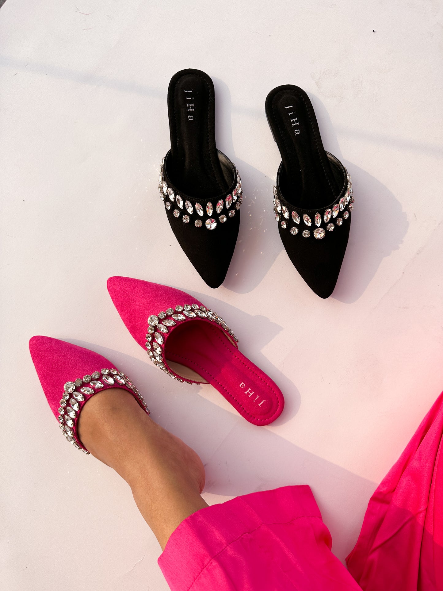 Hot Pink Velvet Stone Work Pointed Toe Flat