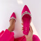 Hot Pink Velvet Stone Work Pointed Toe Flat