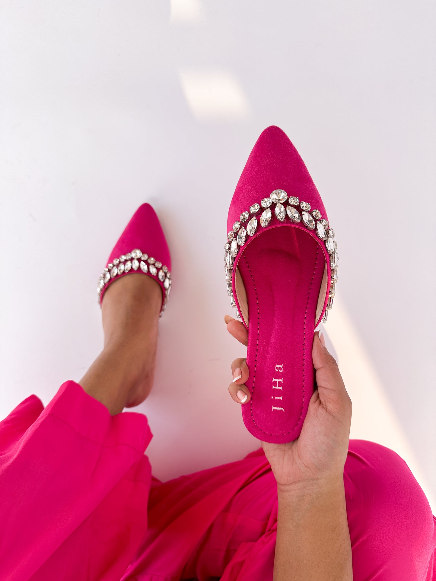 Hot Pink Velvet Stone Work Pointed Toe Flat