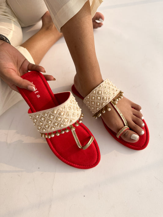 Red Pearl Embroidered Kolhapuri Flats