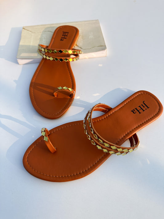 Tan Mirror Kolhapuri Chappal Flat