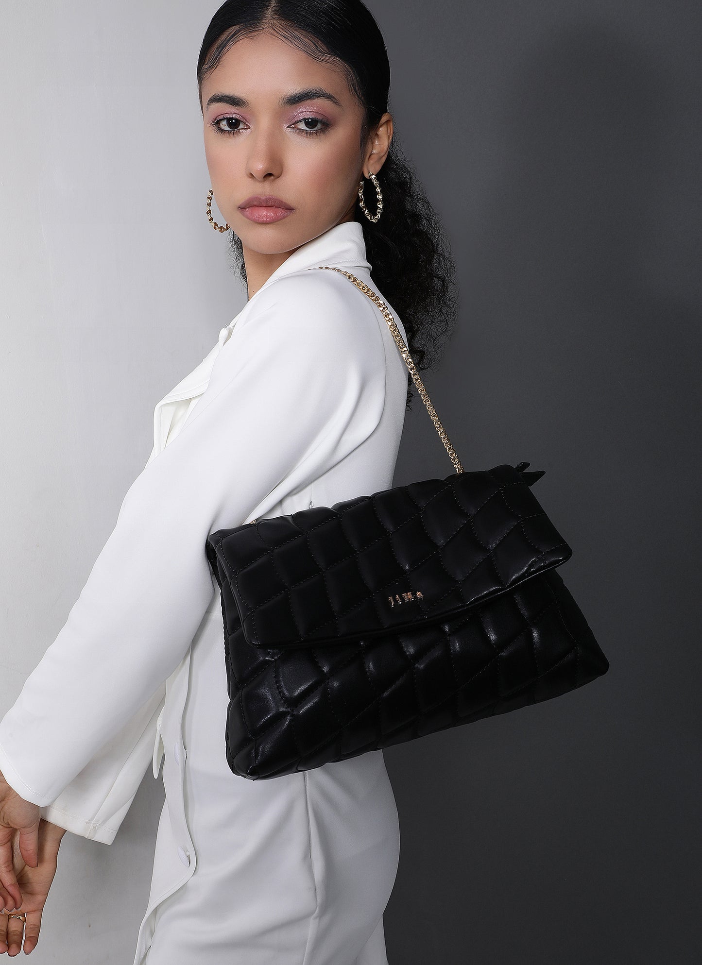 Black Quilted Double Chain Shoulder and Sling Bag