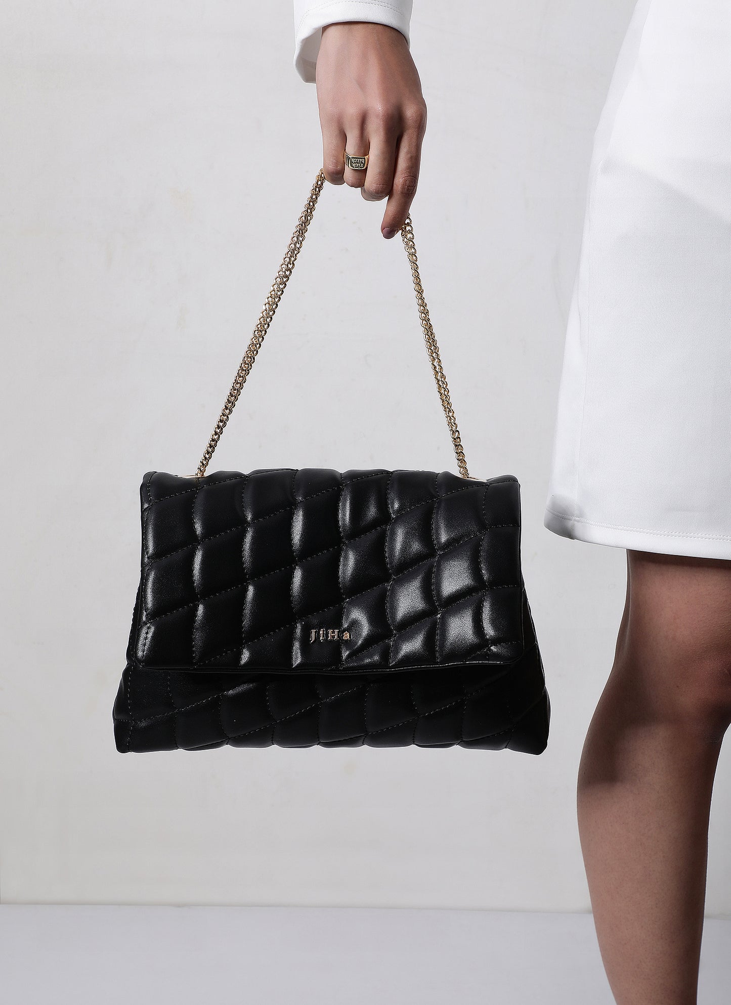 Black Quilted Double Chain Shoulder and Sling Bag