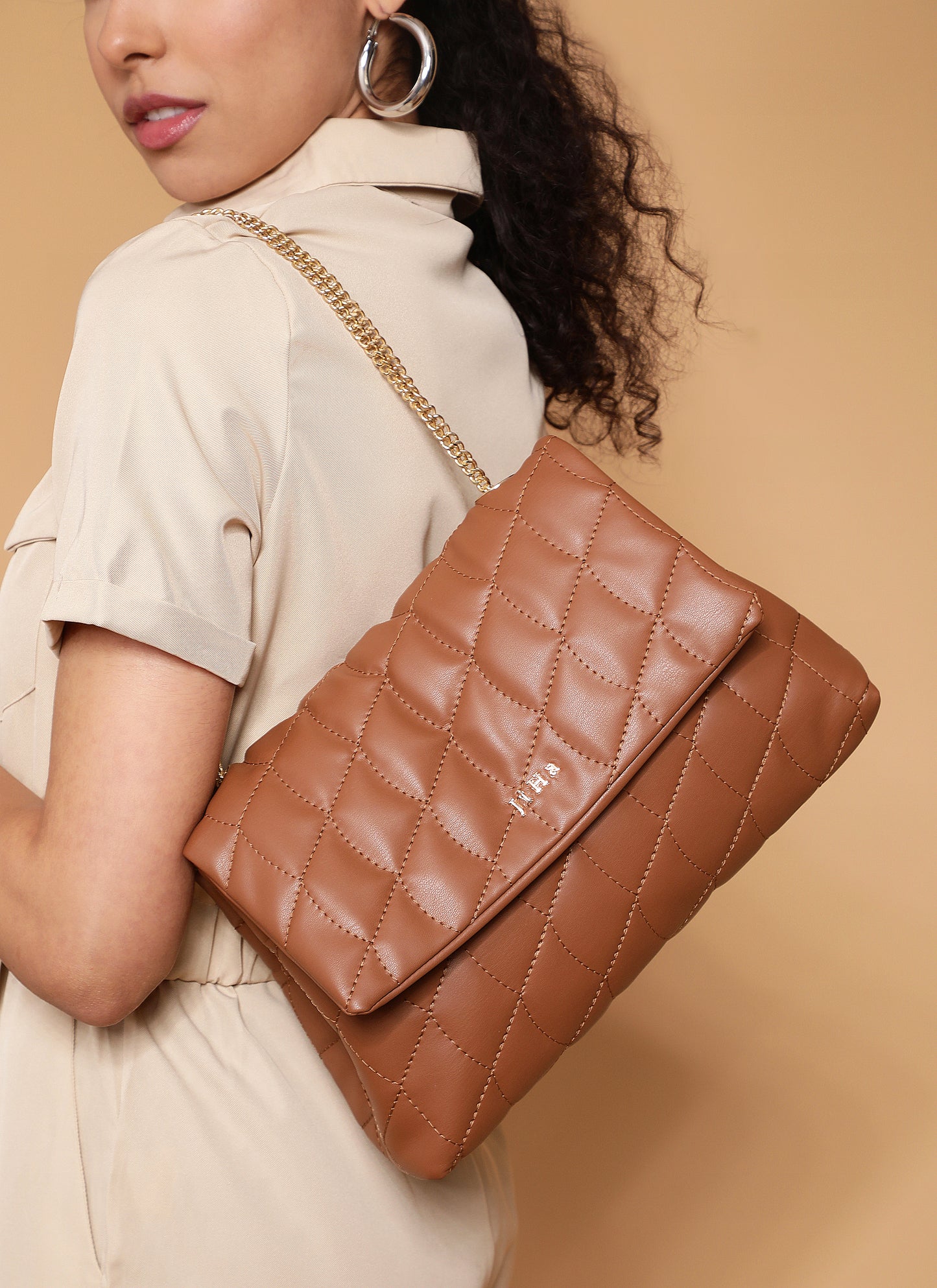 Tan Brown Quilted Double Chain Shoulder and Sling Bag