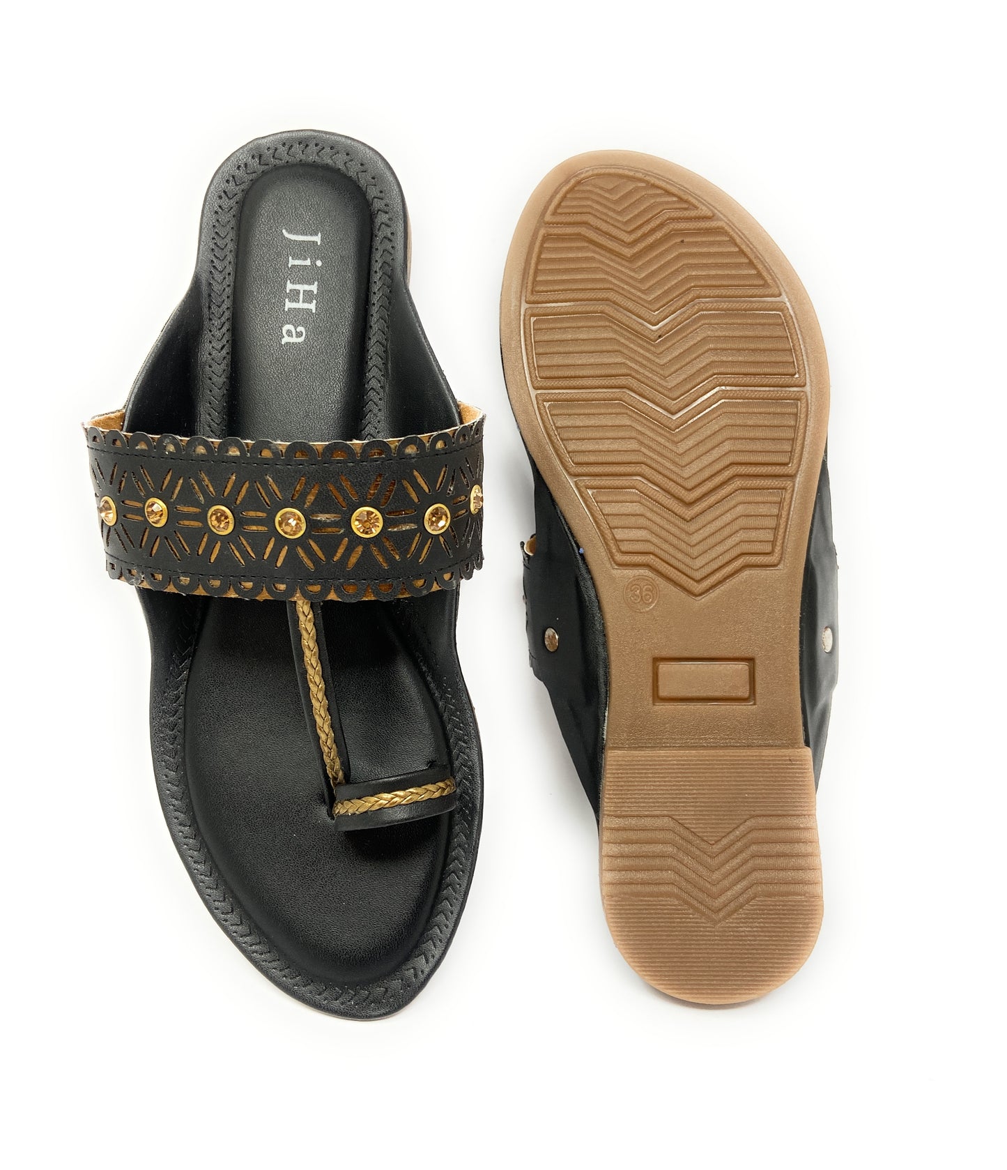 Black Gold Stone Kohlapuri Chappal