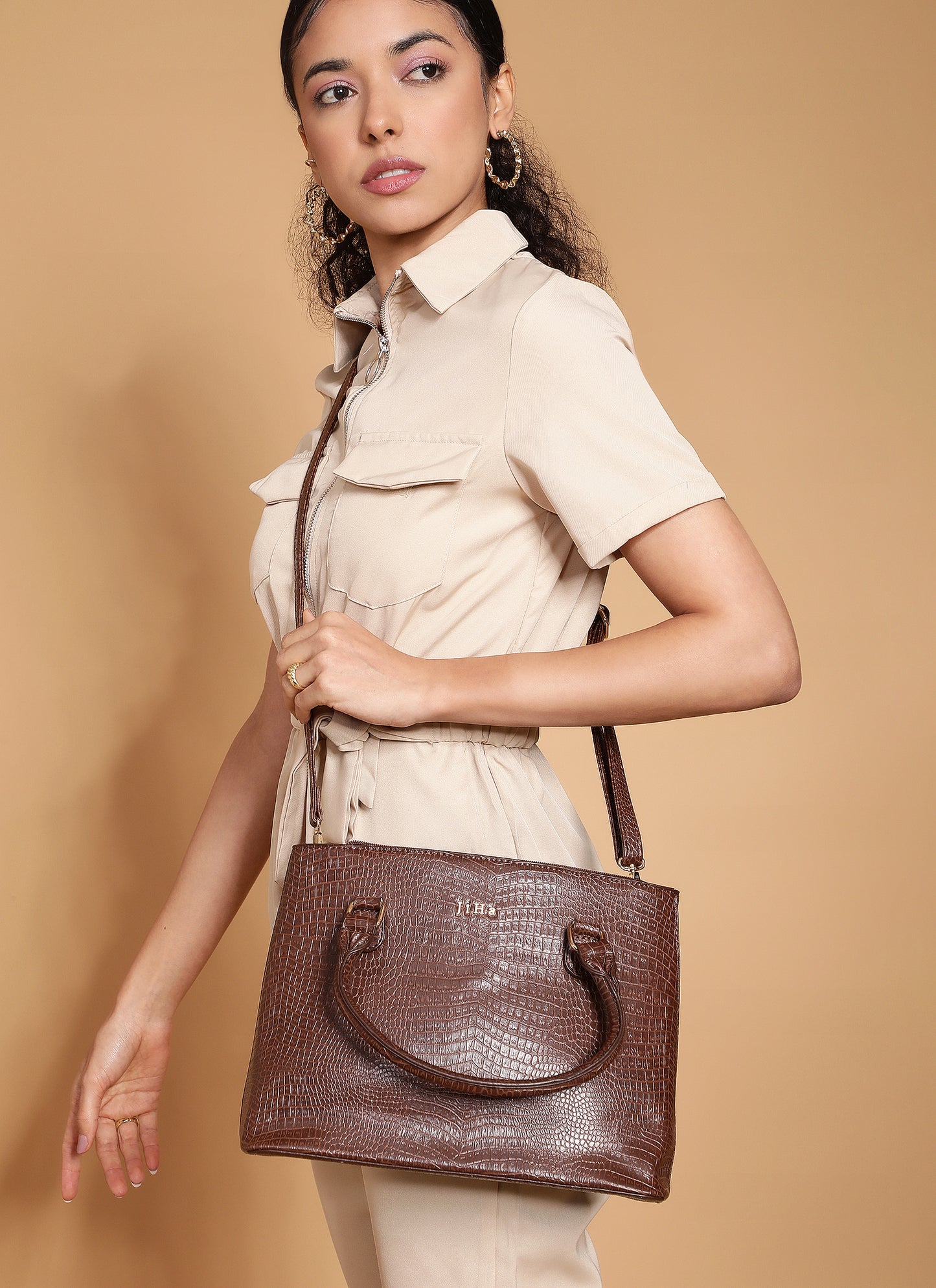 Jiha Brown Croc Pattern Satchel Handbag / Sling Bag