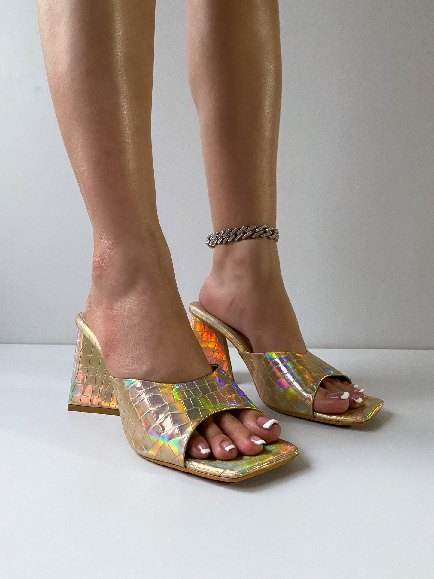 Gold Holographic Trending Triangle Mule Heels