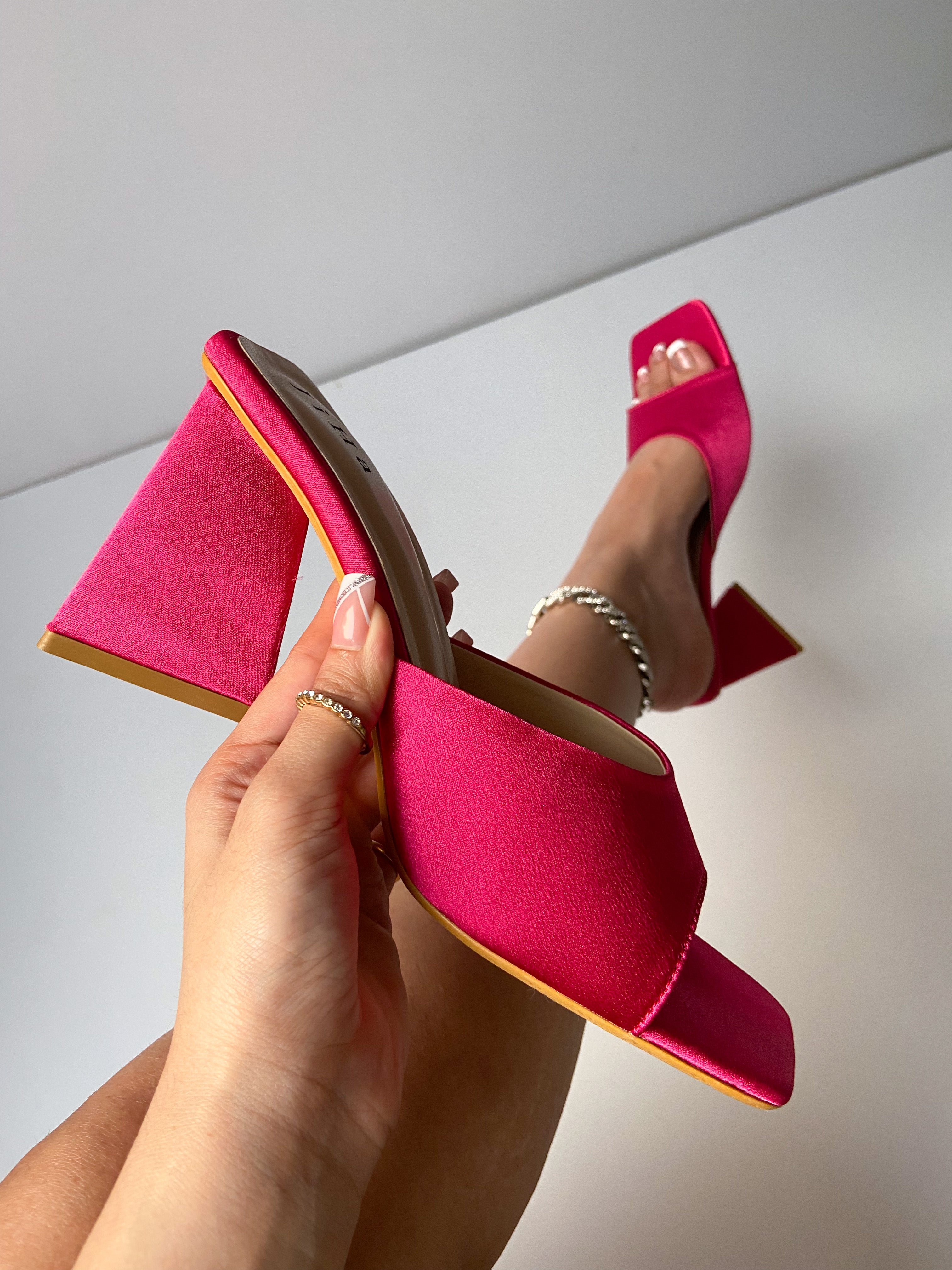 Hot Pink Satin Trending Triangle Mule Heels