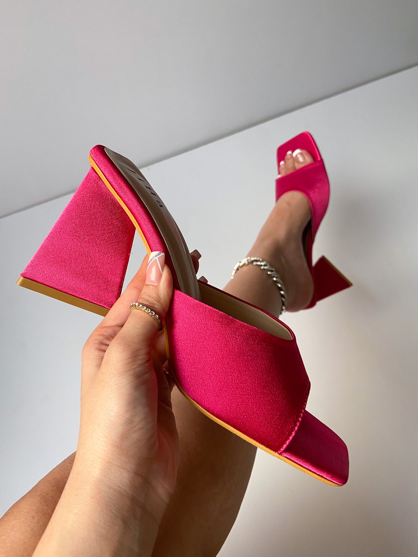 Hot Pink Satin Trending Triangle  Mule Heels