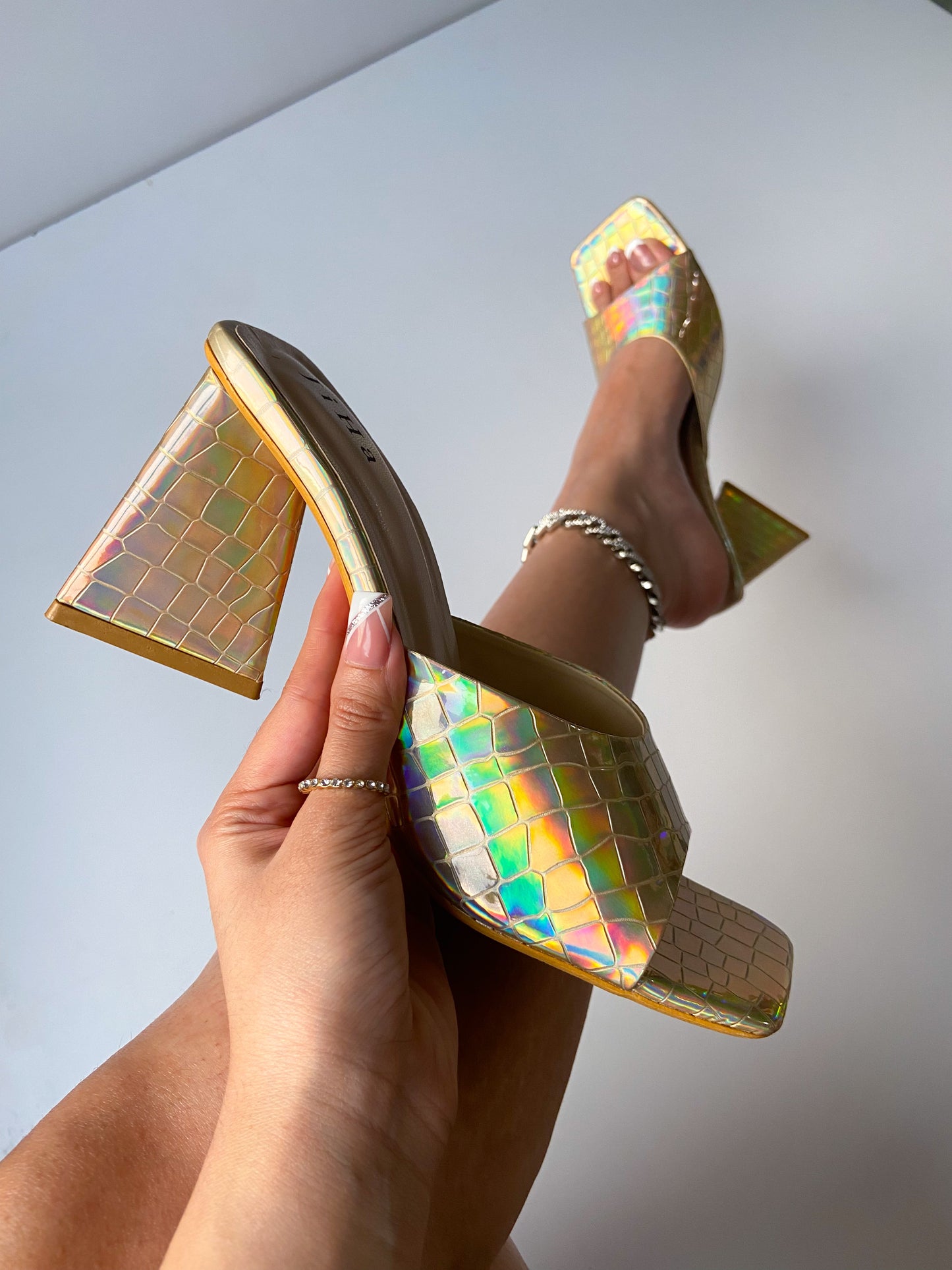 Gold Holographic Trending Triangle Mule Heels