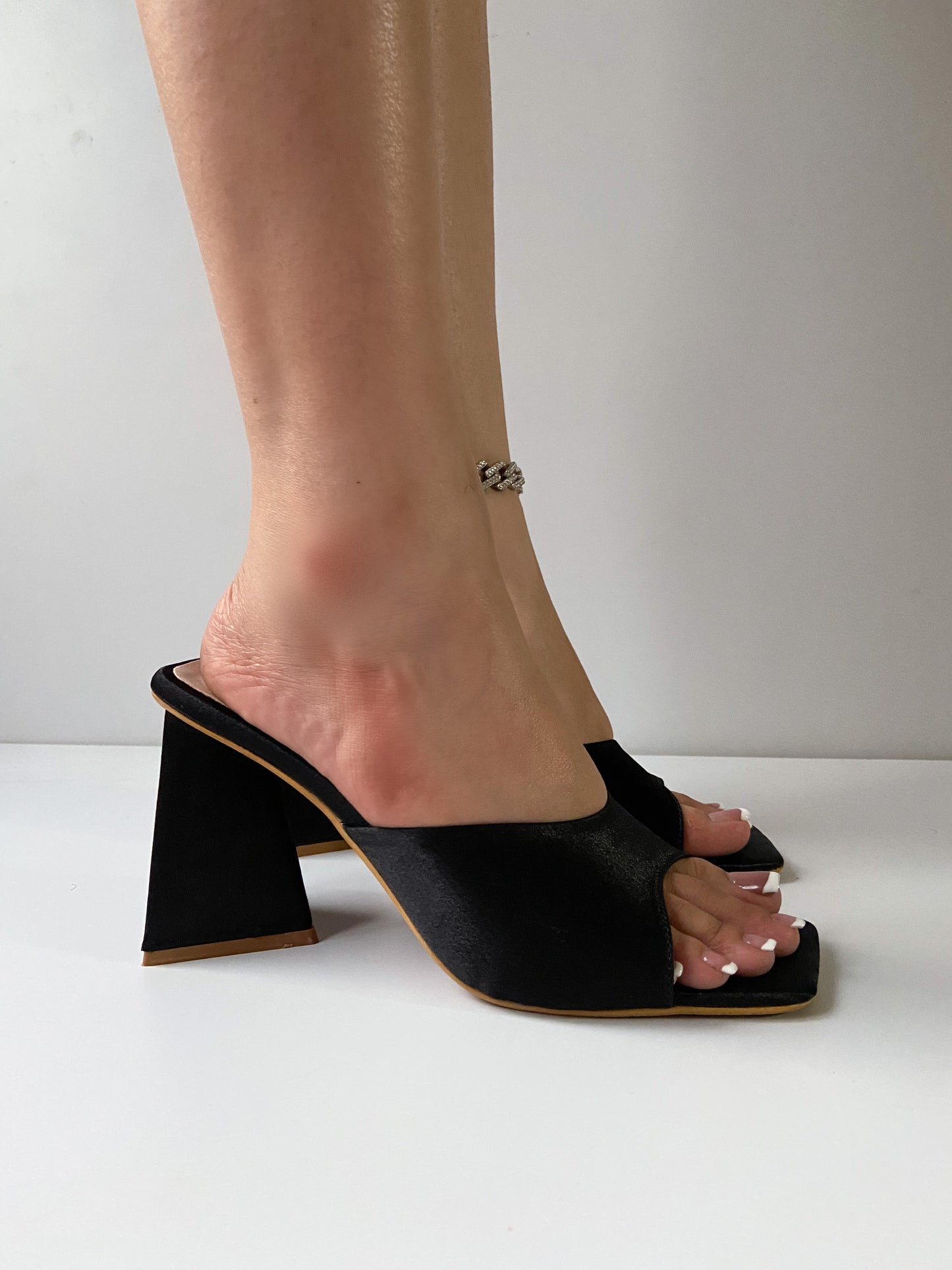 Black Satin Trending Triangle  Mule Heels