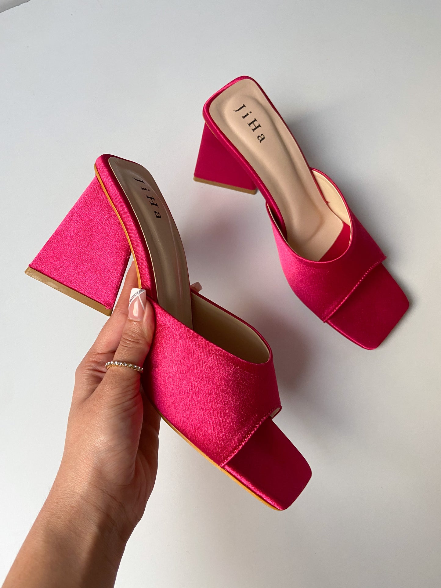 Hot Pink Satin Trending Triangle  Mule Heels